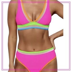 New W/Tag Hilinker Color-block Neon Pink, Yellow‎ & Blue, 2Pc Swimsuit, Sz. S